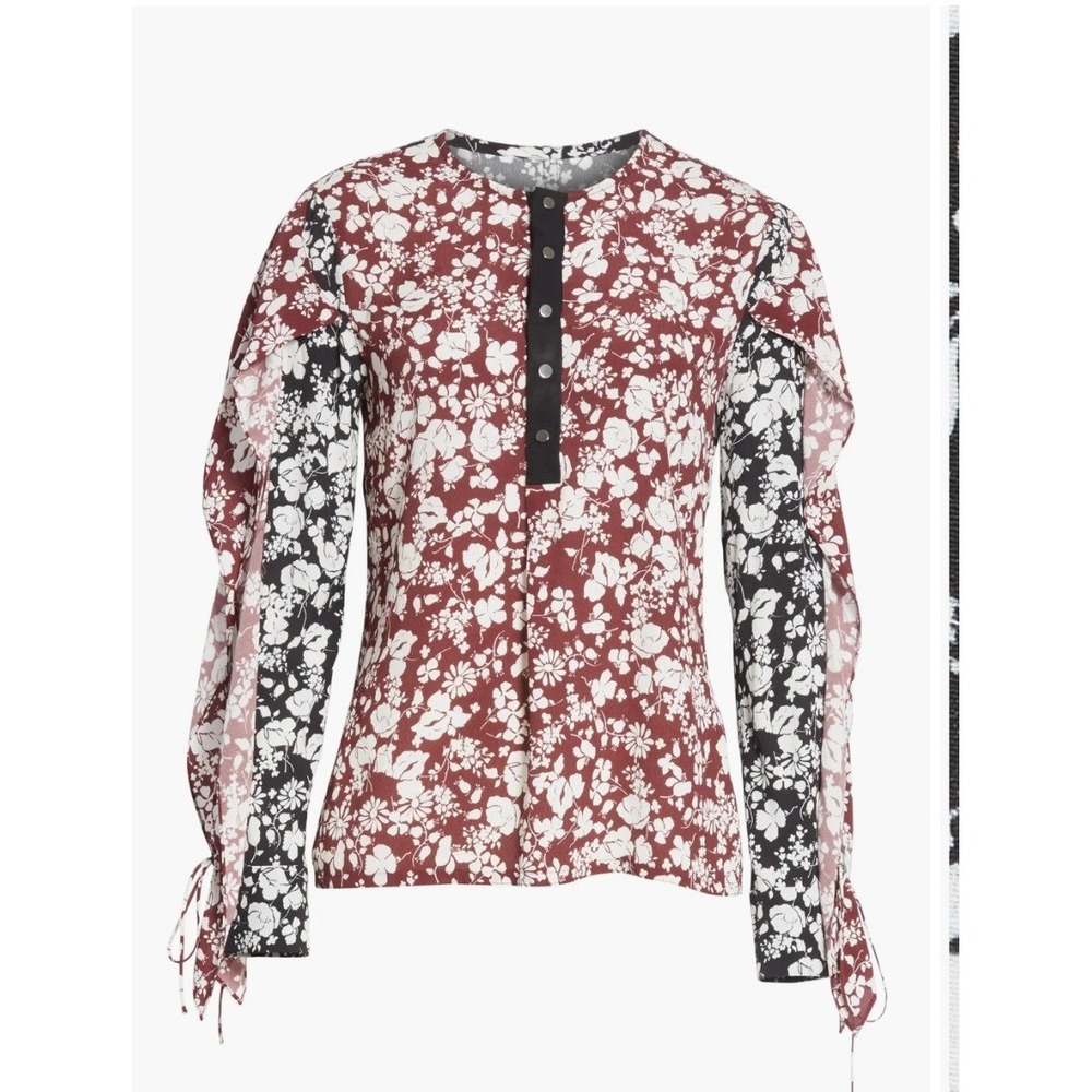 Yigal Azouel Blouse Womens Large Burgundy Floral Snap Front Cold Shoulder Top